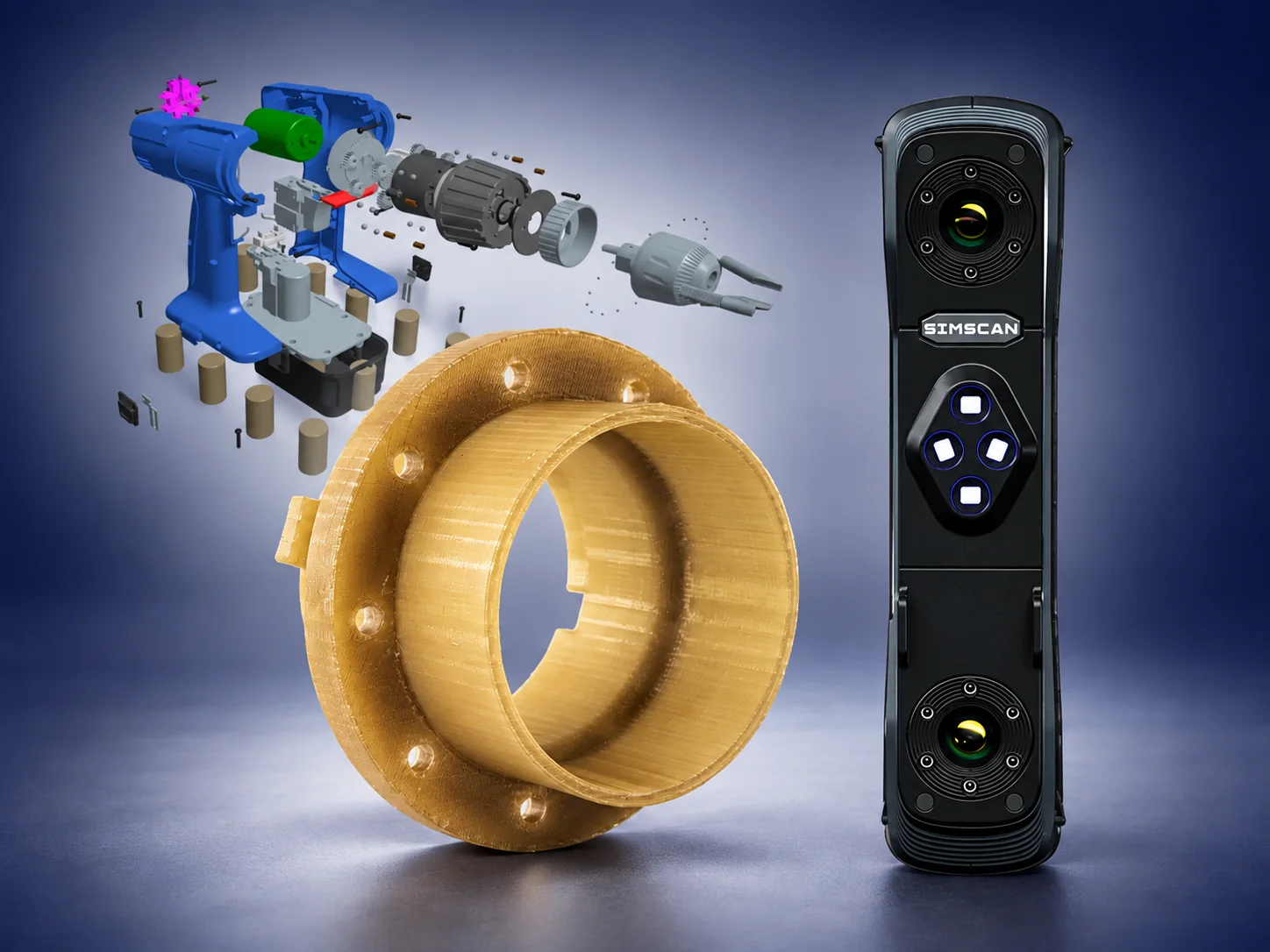 Composite of a printed circular fixture, a SCANOLOGY handheld 3D scanner and an exploded CAD assembly