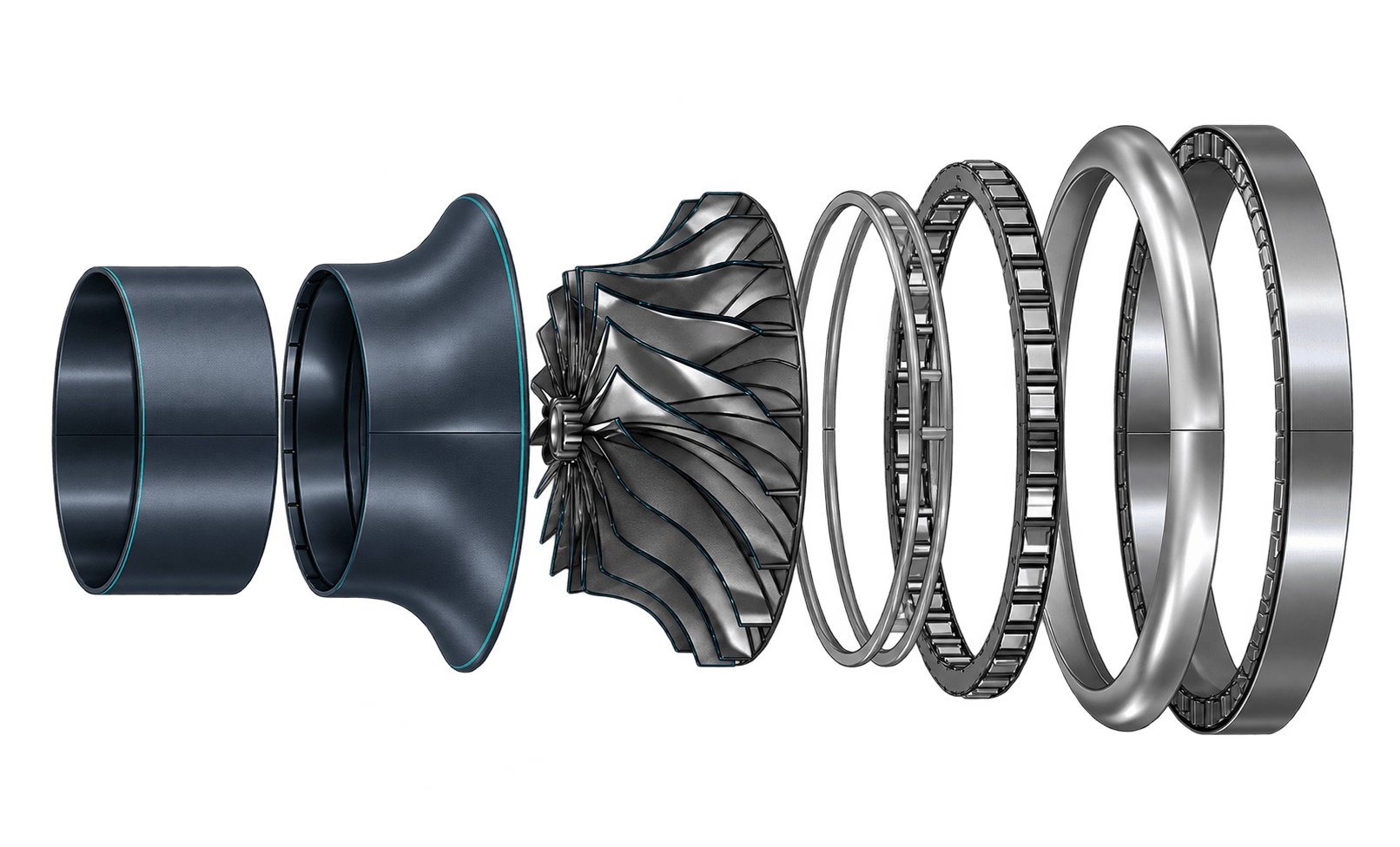 Exploded turbomachinery assembly with a bladed impeller and surrounding engineered components