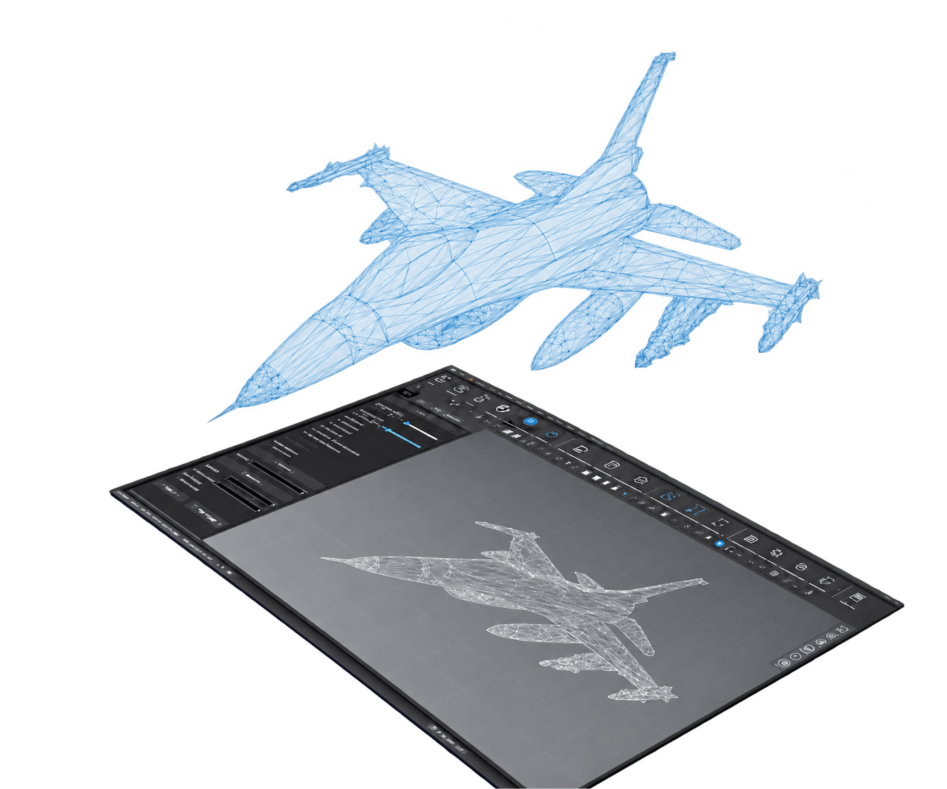 Aircraft mesh above an engineering software view of the aircraft geometry.