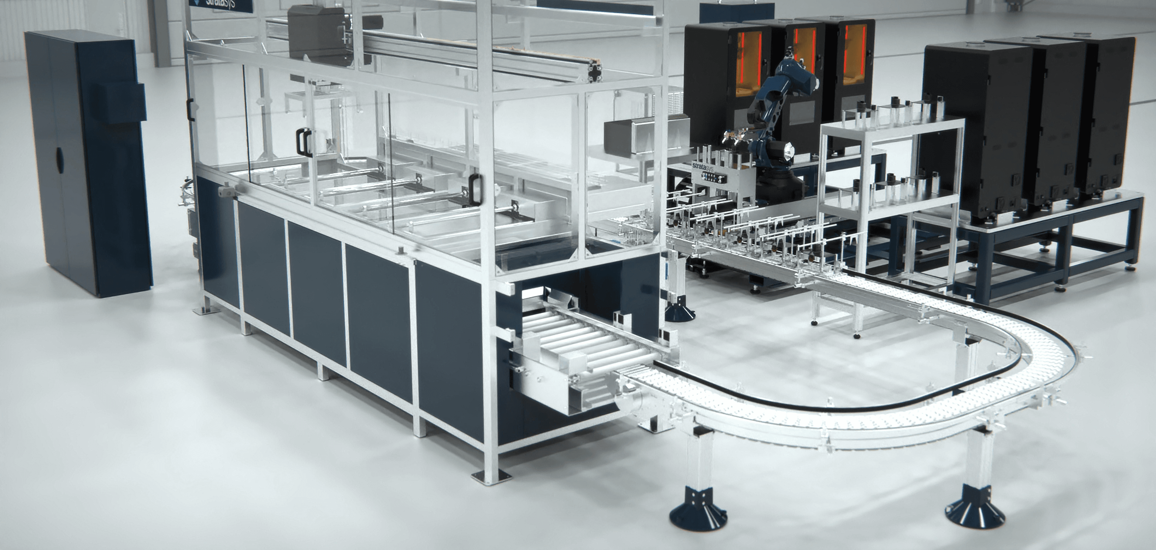 Automated additive manufacturing production cell with industrial 3D printing equipment