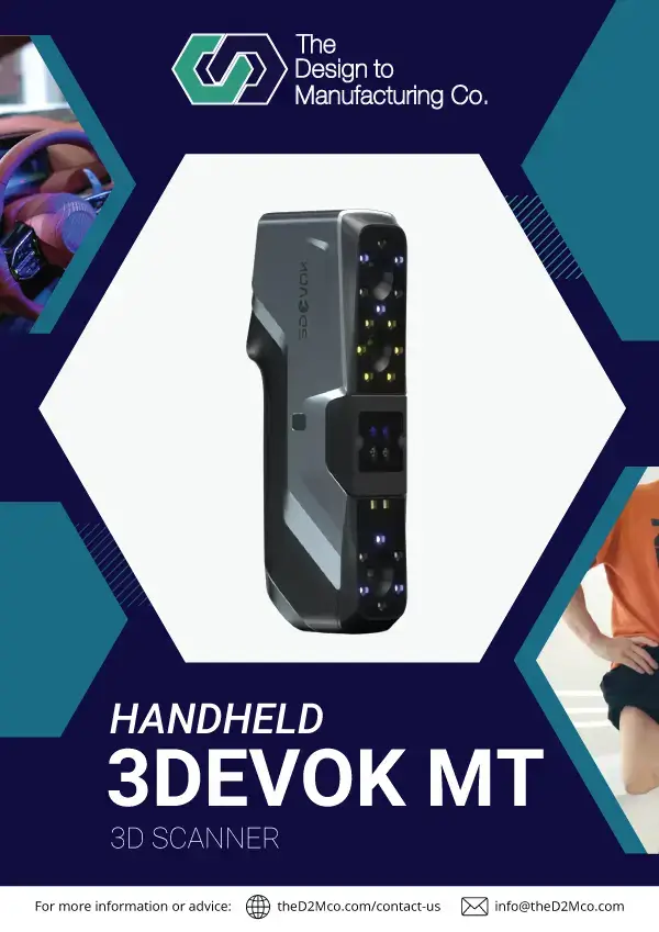 Cover of the 3DeVOK MT handheld 3D scanner brochure by The Design to Manufacturing Co, featuring the scanner with supporting imagery