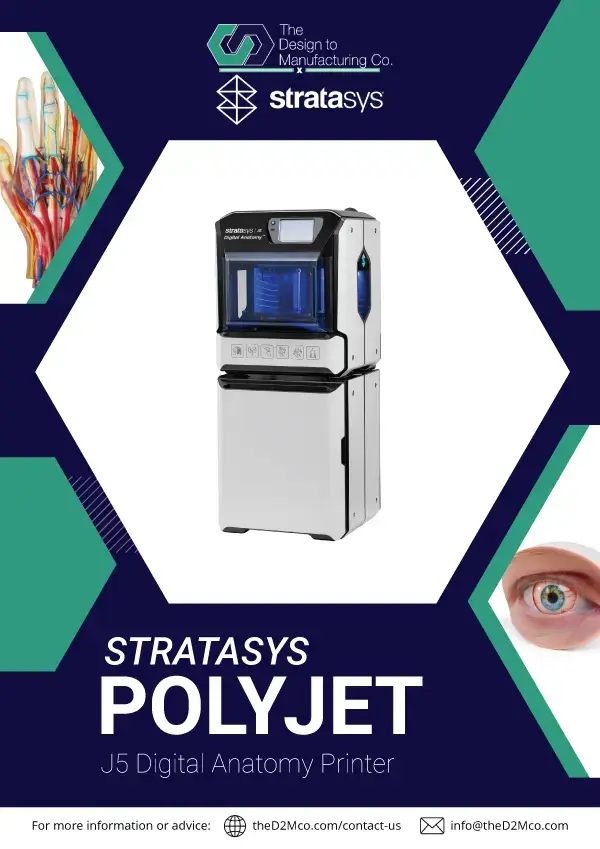 Stratasys J5 Digital Anatomy Printer brochure cover showcasing advanced medical 3D printing technology