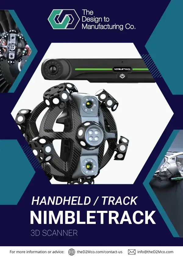 Cover of the Nimbletrack 3D Scanner brochure featuring the scanner system and branding layout