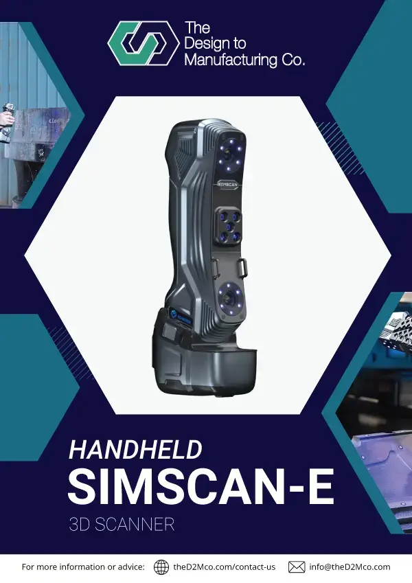 Simscan-E 3D Scanner brochure cover featuring the compact handheld scanner with stylized branding