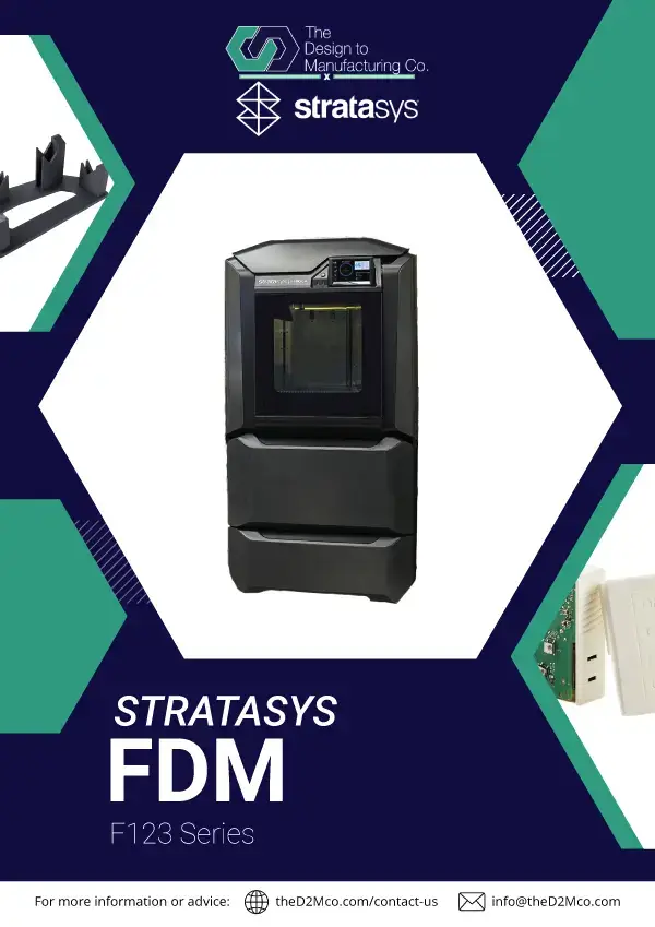 Stratasys F123 Series brochure cover with 3D printer image and branding