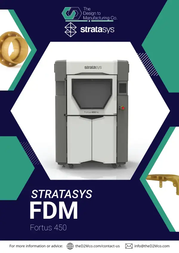 Stratasys Fortus 450 brochure front cover featuring industrial 3D printer
