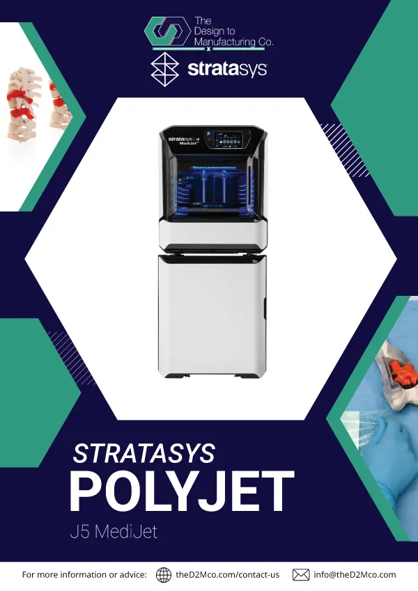 Stratasys J5 MediJet 3D printer brochure cover showing compact medical-grade PolyJet system