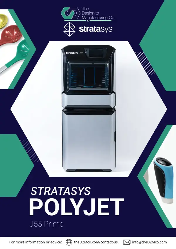 Stratasys J55 Prime PolyJet 3D printer brochure cover showing compact, office-ready design
