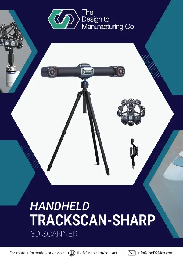 TrackScan Sharp-S 3D scanner brochure cover showing full system layout with camera, tracker, and scanning unit