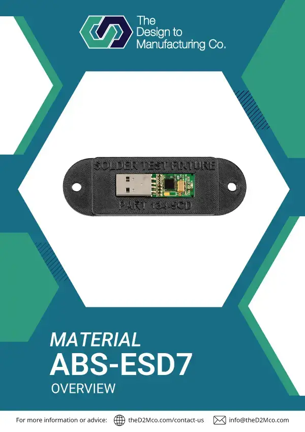 ABS-ESD7 info sheet cover showcasing static-dissipative thermoplastic for FDM 3D printing