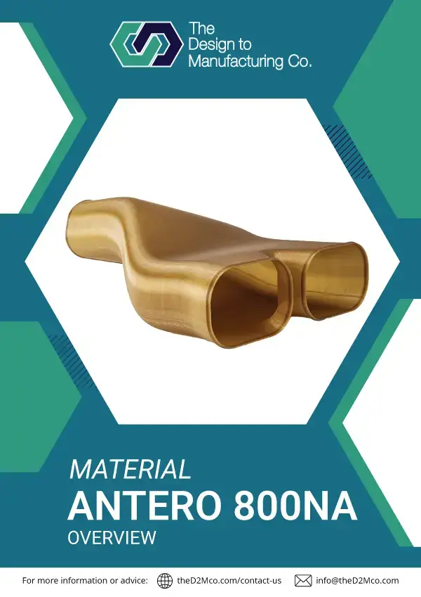Antero 800NA material brochure cover showcasing high-performance FDM thermoplastic