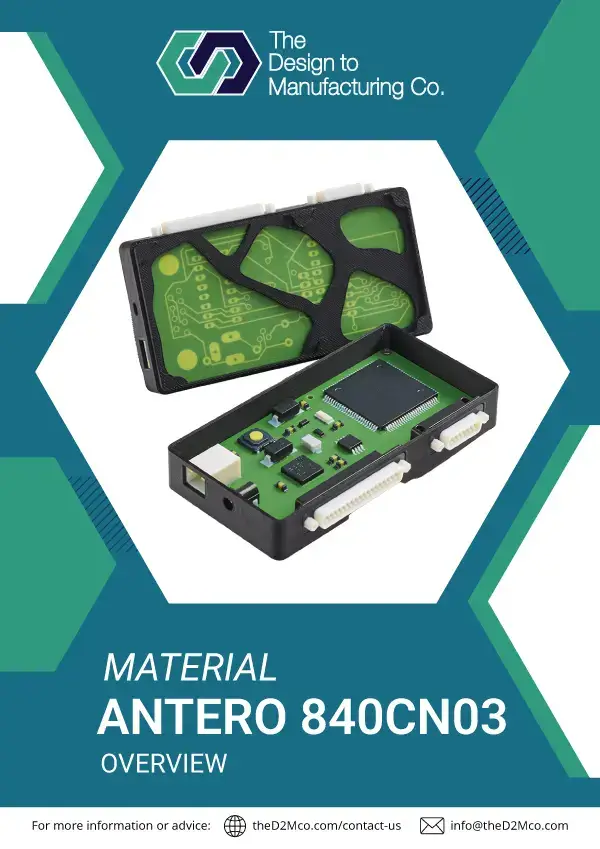 Antero 840CN03 info sheet cover showcasing PEKK-based FDM material