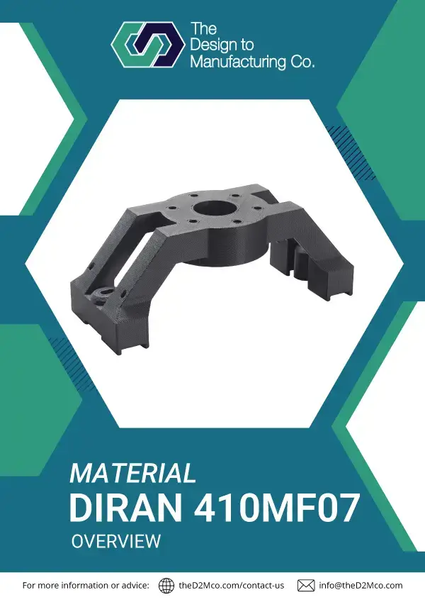 Diran 410MF07 info sheet cover showcasing tough, low-friction nylon material for FDM 3D printing