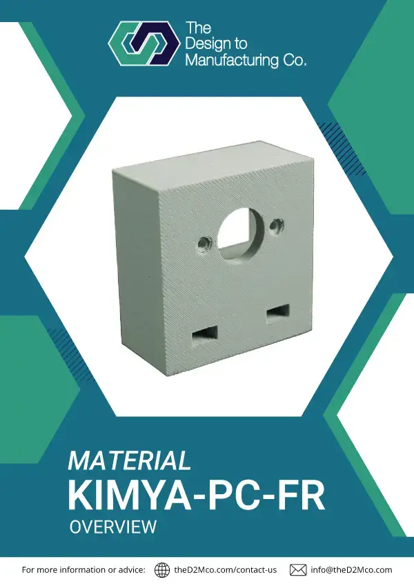 Kimya PC-FR info sheet cover showcasing flame-retardant polycarbonate for FDM 3D printing