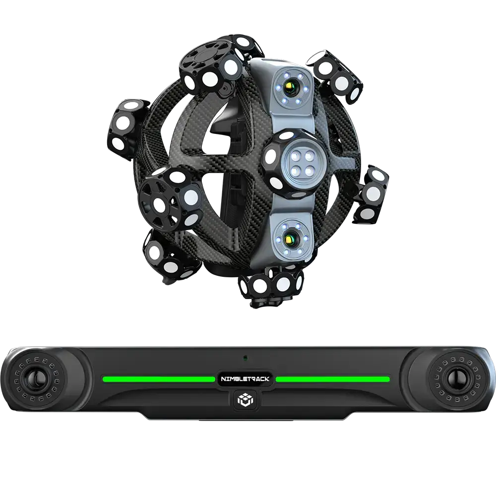 Nimbletrack 3D Scanner showing central tracking unit with carbon fiber structure and LED sensors