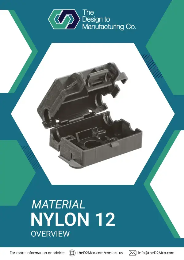 FDM Nylon 12 info sheet cover showcasing durable, flexible nylon material for 3D printing