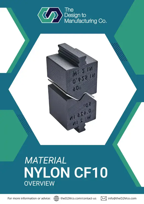 FDM Nylon-CF10 info sheet cover showing carbon-fiber reinforced nylon material for strong, lightweight 3D printed parts