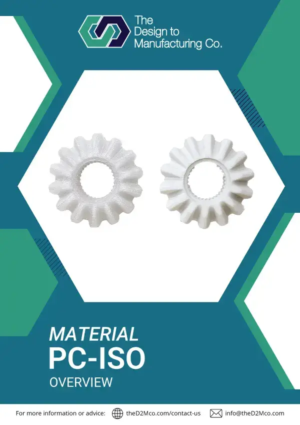 PC-ISO info sheet cover showcasing biocompatible, heat-resistant thermoplastic for FDM 3D printing