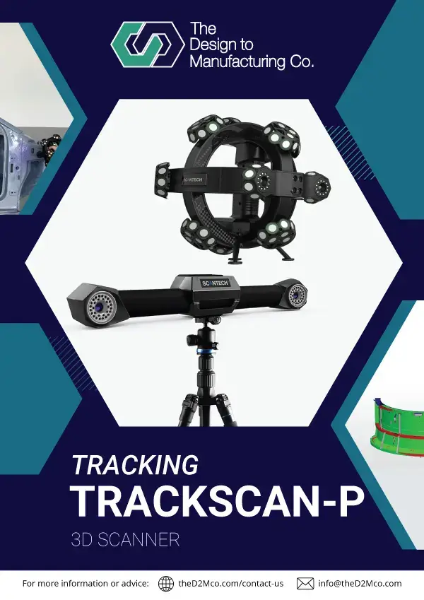 TrackScan-P 3D scanner brochure cover featuring handheld scanner and optical tracker
