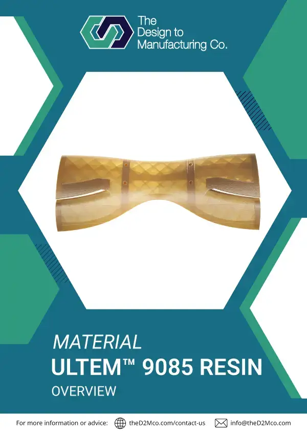ULTEM 9085 info sheet cover highlighting flame-retardant thermoplastic for FDM 3D printing