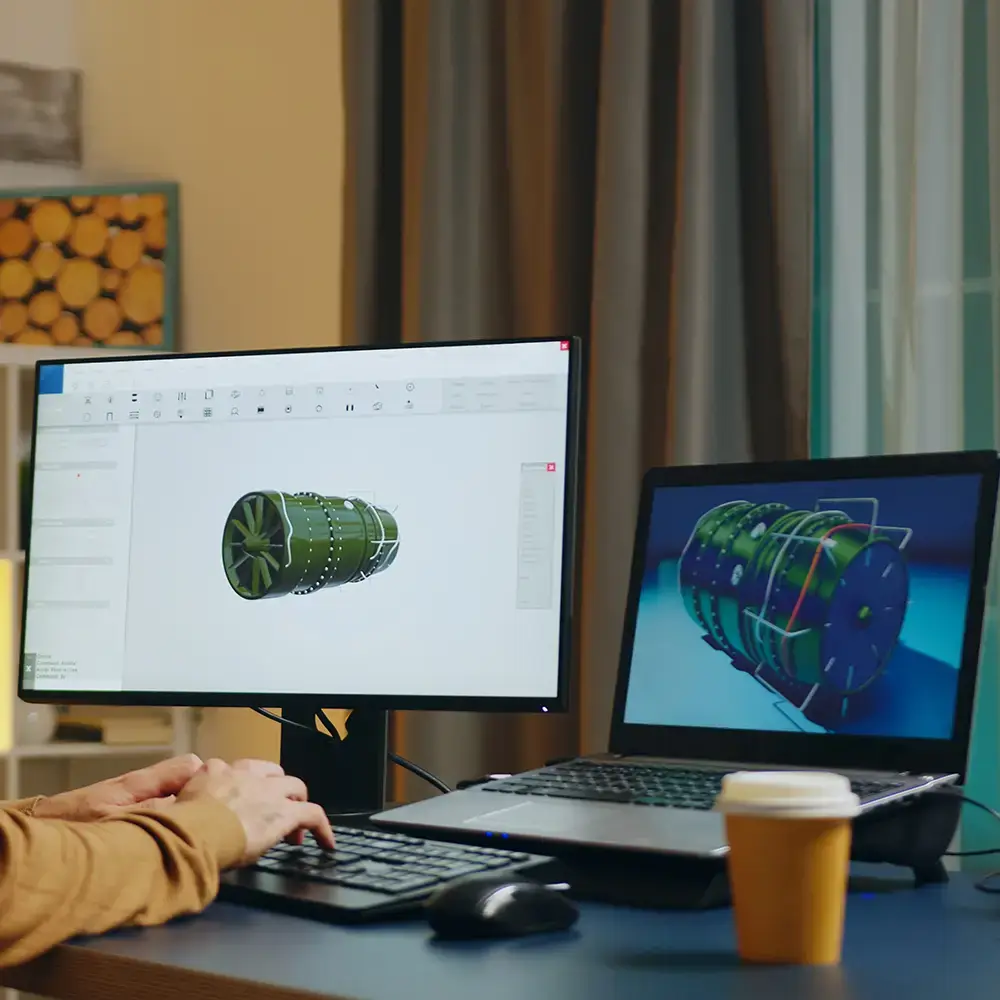 Engineer using 3D metrology software to inspect turbine component on dual monitors