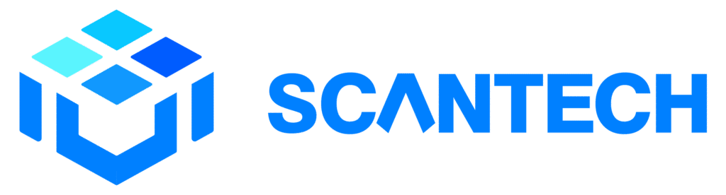 Scantech logo in blue with geometric icon and bold text