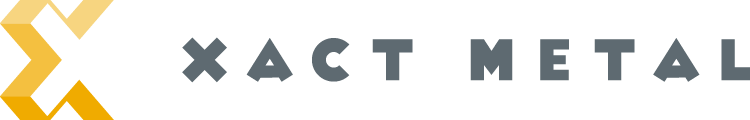 Xact Metal logo in grey text with gold geometric X icon