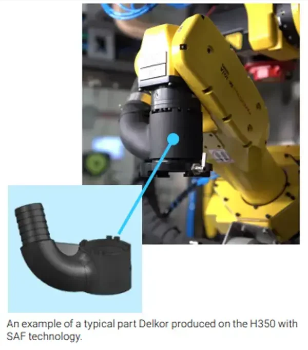 SAF printed vacuum duct installed on robotic arm used in packaging automation