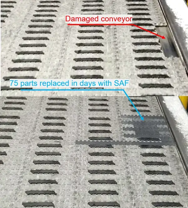 Conveyor belt before and after SAF printed replacement links were installed to fix damage