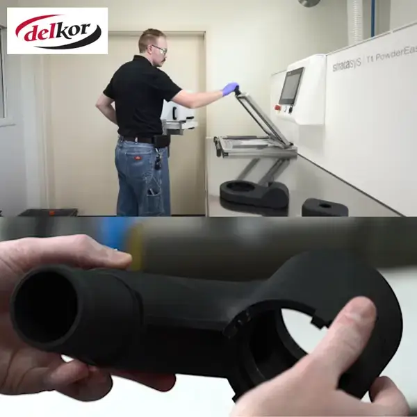 Delkor engineer handling SAF printed parts for packaging machinery in production setting