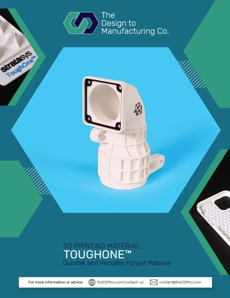 Brochure cover for Stratasys ToughONE Polyjet 3D printing material, showing a durable white functional prototype part.
